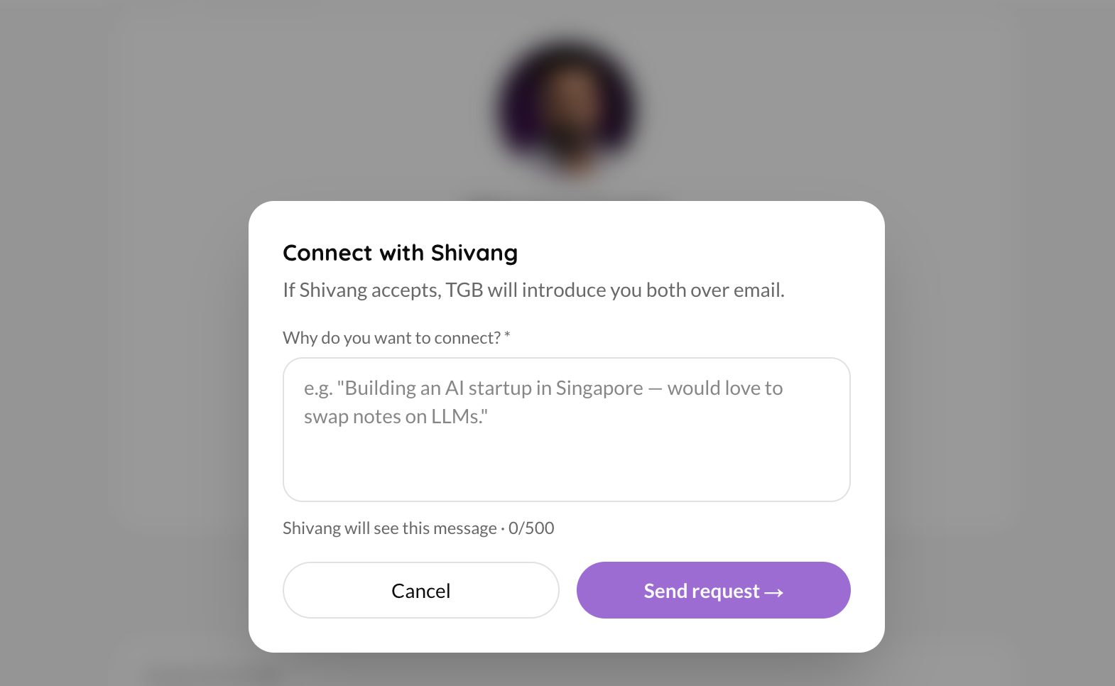 TGB Connect request modal — say why you want to meet