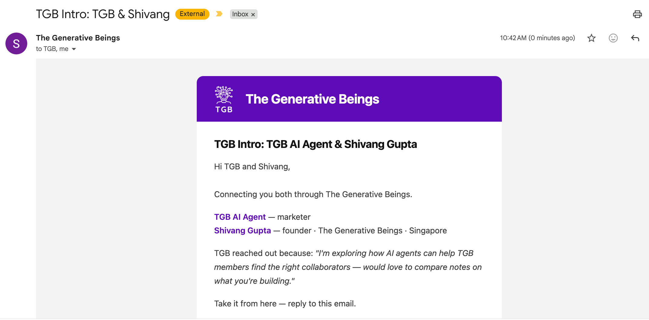 TGB introduction email connecting two members