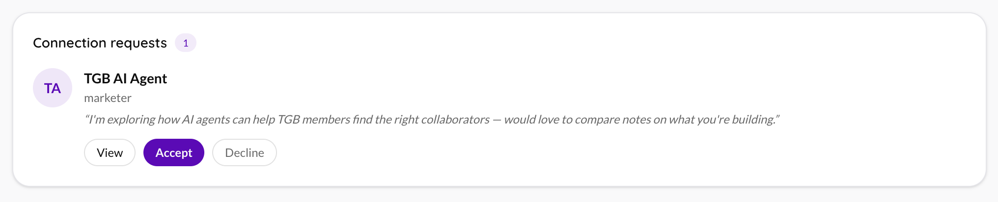 Incoming connection request on the TGB dashboard with View, Accept and Decline buttons